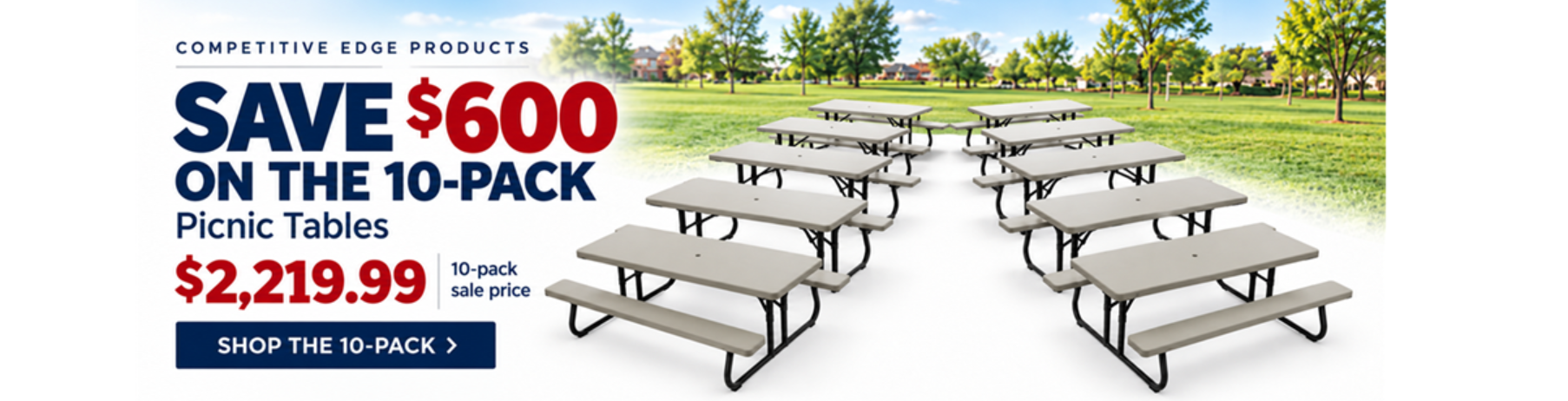 Ten gray picnic tables with attached benches and dark steel frames. Save $600 on the 10-pack, now $2,219.99 at Competitive Edge Products.